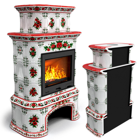 Печь камин КимрПечь Прованс с дровником Пристенный Двухъярусный Маки с топкой Ладья 600