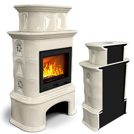 Печь камин КимрПечь Прованс с дровником Пристенный Двухъярусный Ваниль с топкой Ладья 600