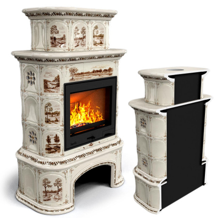 Печь камин КимрПечь Прованс с дровником Пристенный Двухъярусный Деревня с топкой Ладья 600