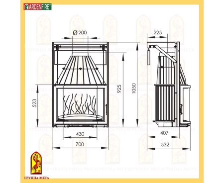 Камин Мета Женева 700 угловая с топкой Призма 700П
