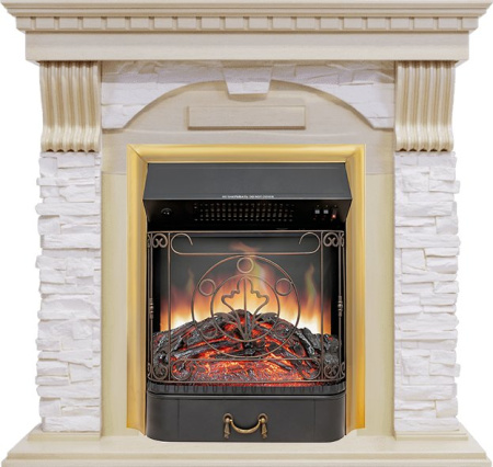 Каминокомплект Dublin - Слоновая кость с патиной / Сланец крем с очагом Majestic FX Brass Каминокомплект Dublin - Слоновая кость с патиной / Сланец крем с очагом Majestic FX Brass
