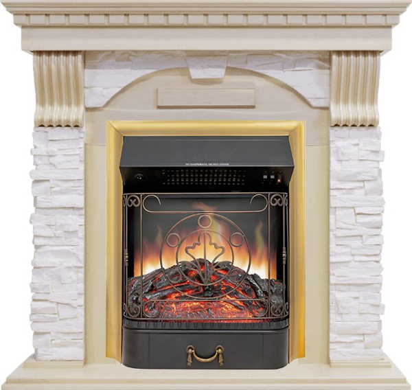 Каминокомплект Dublin - Слоновая кость с патиной / Сланец крем с очагом Majestic FX Brass Каминокомплект Dublin - Слоновая кость с патиной / Сланец крем с очагом Majestic FX Brass