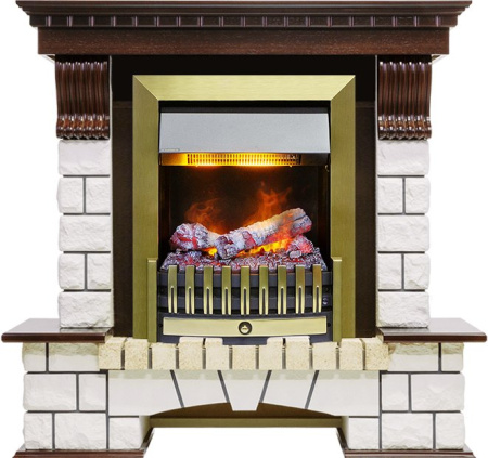 Каминокомплект Pierre Luxe угловой - Темный дуб / Белый (Высота 1020мм) с очагом Danville Antique Brass FB2