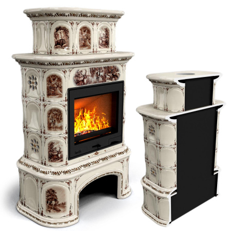 Печь камин КимрПечь Прованс с дровником Пристенный Двухъярусный Звери с топкой Ладья 600