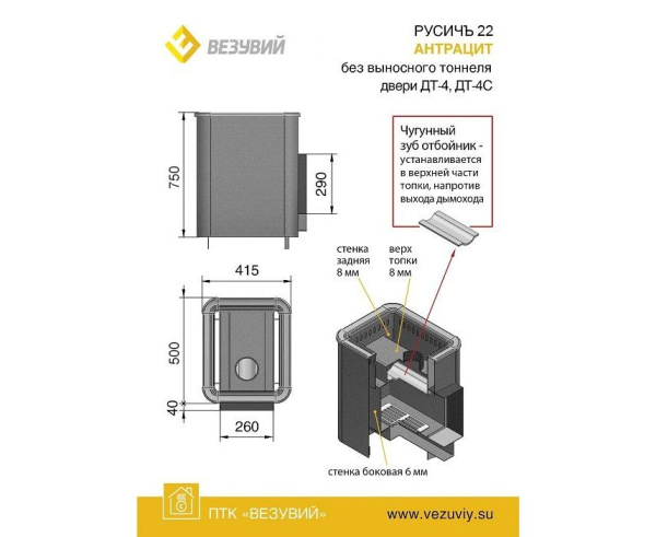 Печь Везувий РУСИЧЪ АНТРАЦИТ 22 ДТ-4 Б/В