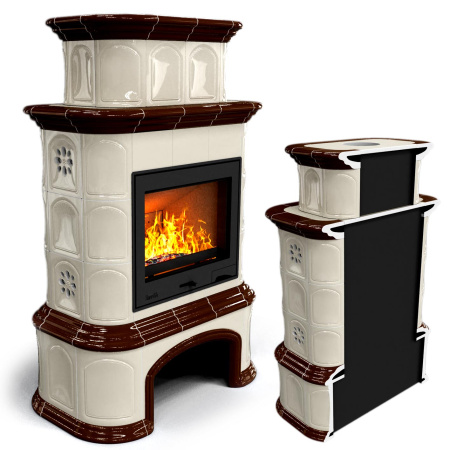 Печь камин КимрПечь Прованс с дровником Пристенный Двухъярусный Шоколад с топкой Ладья 600