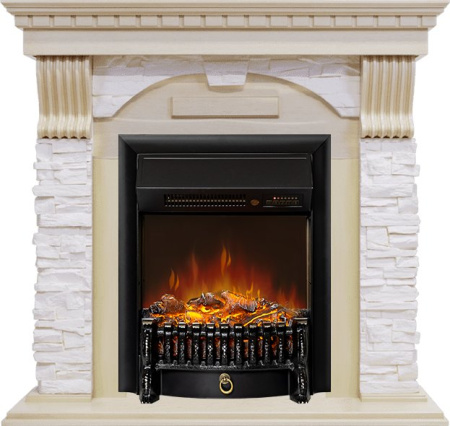 Каминокомплект Dublin - Слоновая кость с патиной / Сланец крем с очагом Fobos FX M Black RC