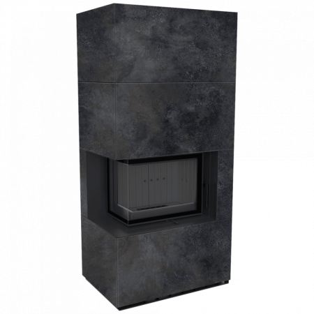 Печь Kratki FLOKI в облицовке OSSIDO NERO, угловое стекло слева