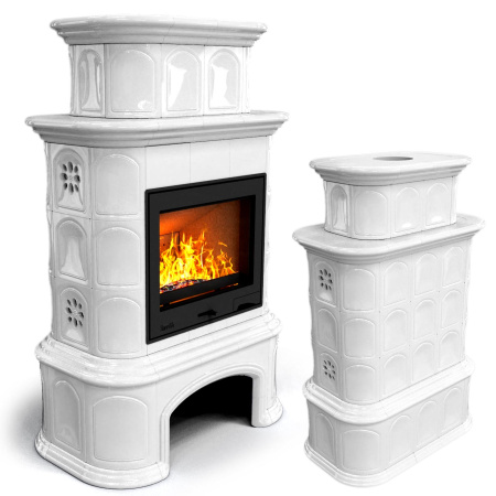 Печь камин КимрПечь Прованс с дровником Центральный Двухъярусный Белый с топкой Ладья 600
