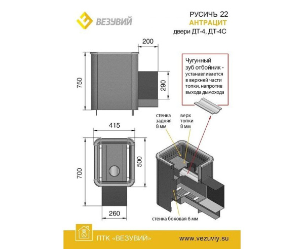 Печь Везувий РУСИЧЪ АНТРАЦИТ 22 ДТ-4