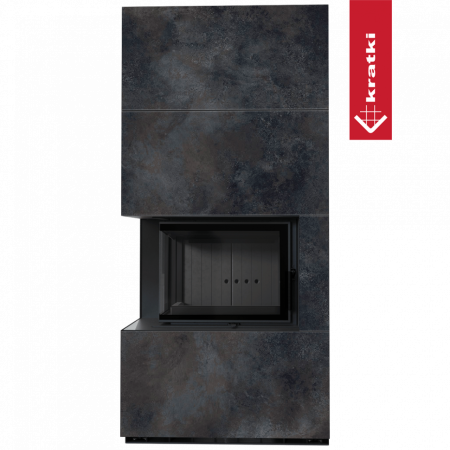 Печь Kratki FLOKI в облицовке OSSIDO NERO, угловое стекло слева